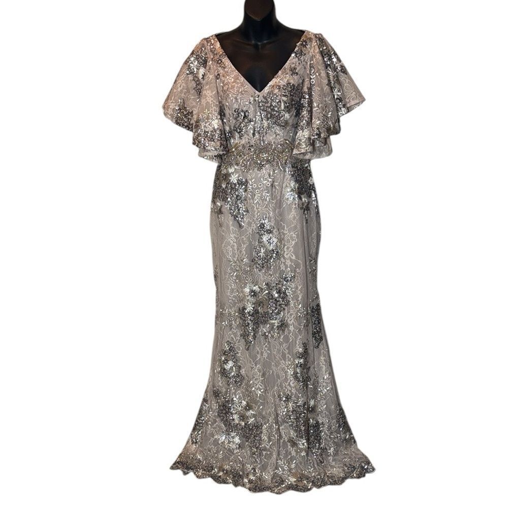 Mac Duggal womens 6 taupe bell sleeve floral embellished gown 67842 new